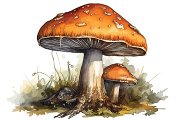 cute watercolor hand drawn mushrooms, colorful aquarelle vector paintings forest poisonous mushroom fly agaric in the grass. vector watercolor illustration. - obrazy, fototapety, plakaty
