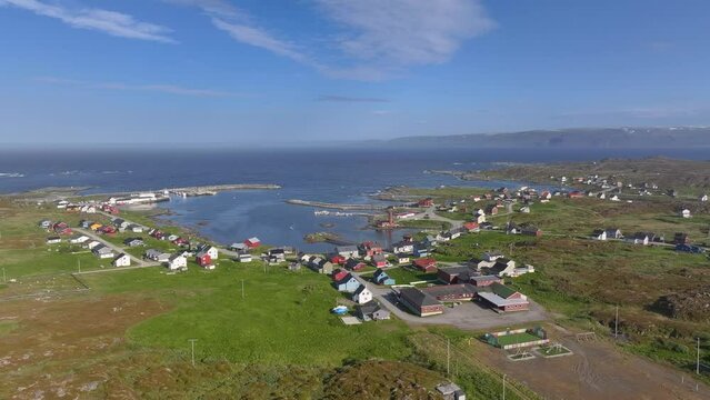 Aerial view of the village of Gamvik at the coast of the Barents Sea in summer in northern Norway