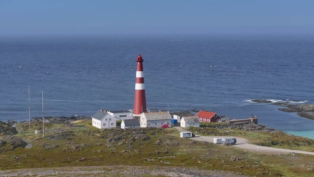 Aerial view of Slettnes lighthouse on the coast of the Barents Sea in Gamvik, Norway