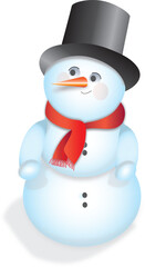 Cute Traditional Snowman with Red Scarf , Top Hat and Carrot Nose Illustrated Isolated on White Background