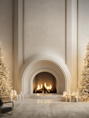 Christmas interior with fireplace, arcs, carpet, tree, decor, gifts. Ai generated.