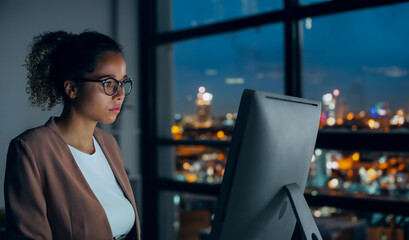 Black woman using a computer in a dark office.