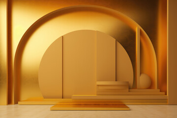 Yellow gold geometry, arch, abstract, podium, stand, wall. Ai generated.