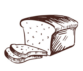 Hand drawn sketch fresh wheat bread symbol. Soft white bread being sliced to piece. For infographic, packaging label, vector for food app website, bistro