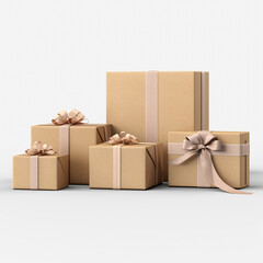 Stacked beige gift boxes on a white background. AI Generation