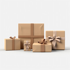 Stacked beige gift boxes on a white background.  AI Generation