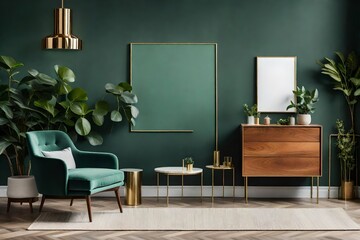modern living room Elegant living room interior design with mockup poster frame, modern frotte armchair, wooden commode and stylish accessories. Green eucalyptus wall. Template space
 ai generated
