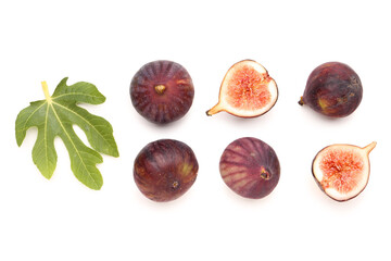 Fresh ripe figs and leaf on white background