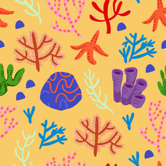 Cute vector colorful seamless pattern with red corals on orange background. Coral reef, shells, star fish. Vector illustration