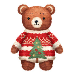 Christmas cute red teddy bear knitting and christmas tree clipart