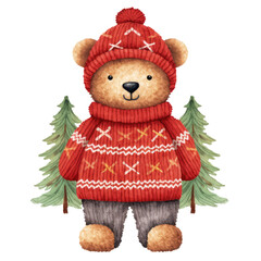 Christmas cute red teddy bear knitting and christmas tree clipart