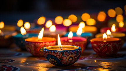 Colorful Diya lamps lit during Diwali celebration