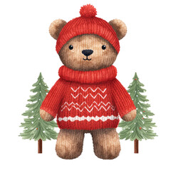 Christmas cute red teddy bear knitting and christmas tree clipart