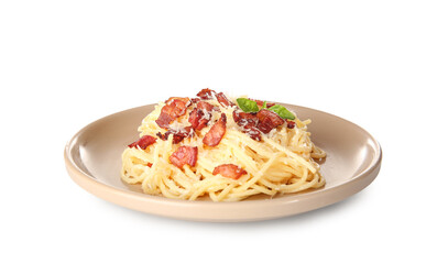Plate with tasty pasta carbonara on white background