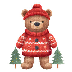 Christmas cute red teddy bear knitting and christmas tree clipart