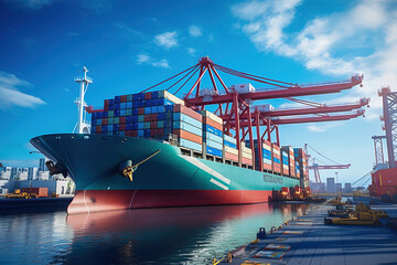 Cargo ships with goods are unloaded at the seaport.