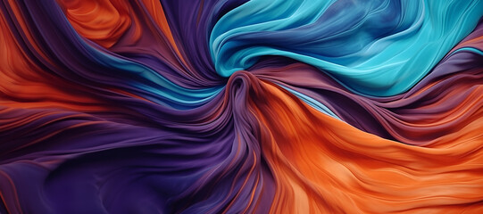 Abstract organic pale blue, dark purple, and orange batik cotton saree cloth swirl lines as panorama wallpaper background. - obrazy, fototapety, plakaty