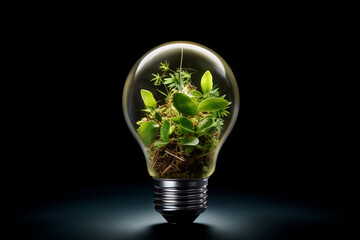 Eco-friendly lightbulb made from fresh leaves, top view. A concept of renewable energy and sustainable living, created with generative AI technology. geometric abstraction