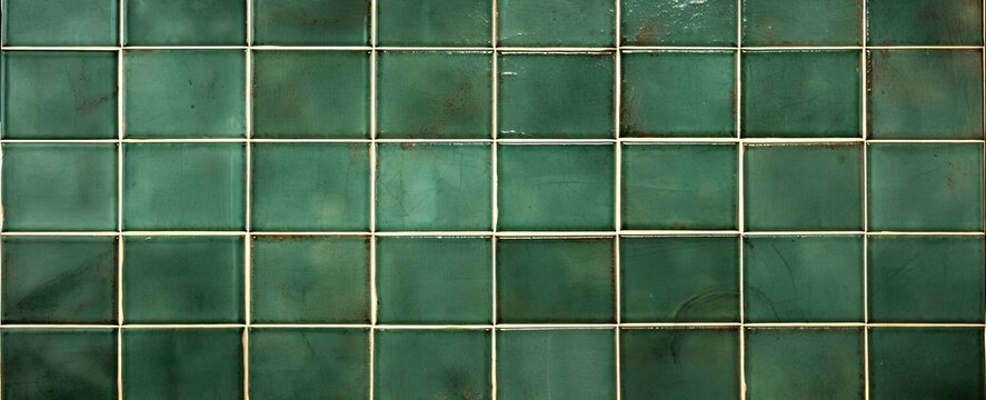 Green ceramic tile background. Old vintage ceramic tiles in green to decorate the kitchen or bathroom, Generative AI 