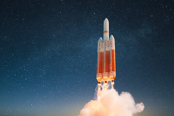 New space rocket with blast and smoke takes off into the starry sky. Technology, transport and...