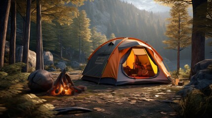 A beautiful camping tent in the forest. Generative AI