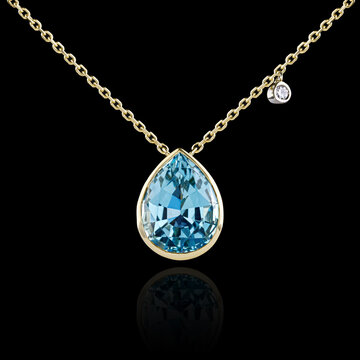 beautiful necklace, gold pendant with diamonds and aquamarine on a black background