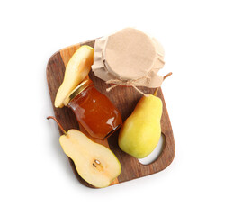 Wooden board with glass jars of tasty pear jam on white background