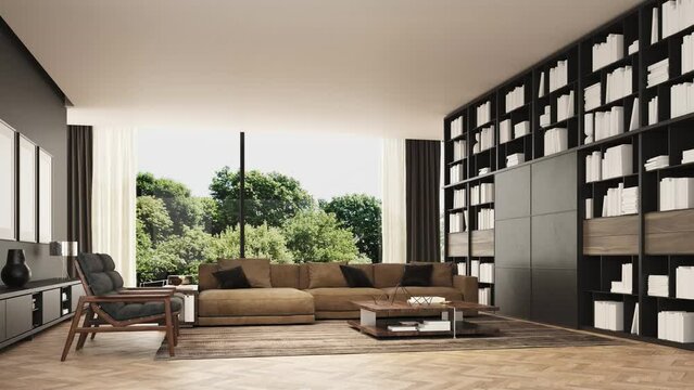 3d Render of livingroom with brown sofa and book shelves. Dark plaster wall and wood floor. Background of a great window with trees.