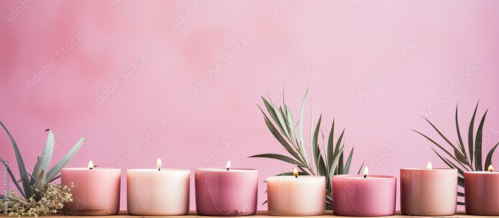 Poster handcrafted vegan candle in various forms pink color on a minimalistic background with natural mater