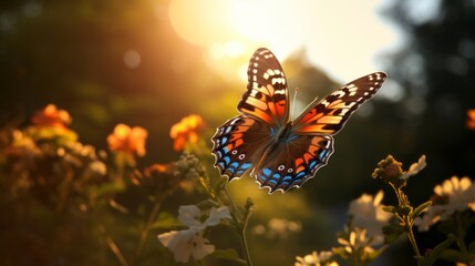 A butterfly basks next to a sunlit blossom, capturing the essence of orange and blue hues