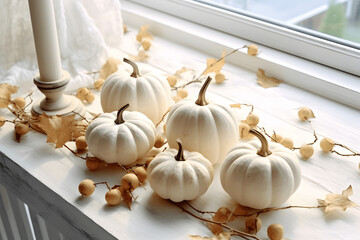 White halloween october pumpkins, warm theme window light with leaves and seasonal decorations, aesthetic on holidays background