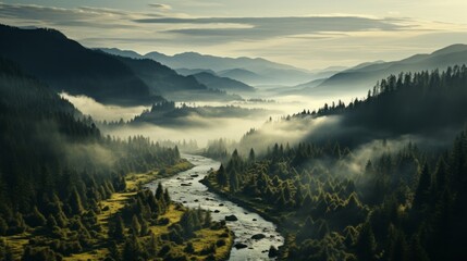 Misty spruce forest valley landscape withray of light