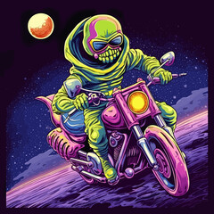 a man wearing an alien mascot is driving a motorcycle in space