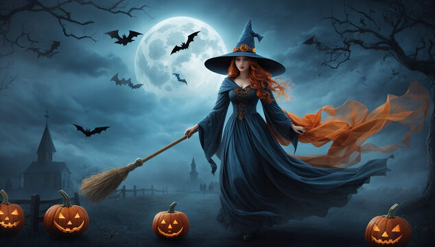 halloween background with witch and pumpkin