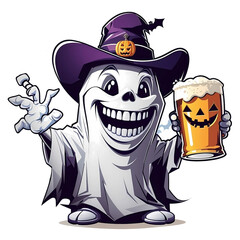A drunken ghost with glass of beer, Happy Halloween, Generative AI