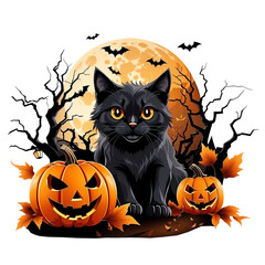 Cute black cat surrounded by pumpkins and bats, Happy Halloween, Generative AI