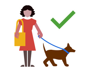 Dogs allowed sign. Vector image. Woman has dogs on a leash. Cartoon