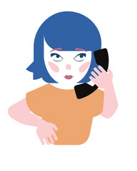 Woman talking on phone. Flat vector illustration. Landline telephone receiver, blue hair
