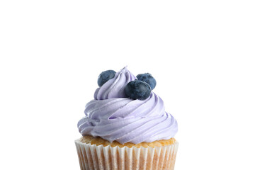 Tasty cupcake with blueberries on white background
