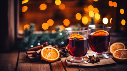 Hot spicy Christmas gluhwein, or mulled red wine with sugar and spices, served with cookies on rustic wood with a twinkling bokeh of party lights in background - obrazy, fototapety, plakaty