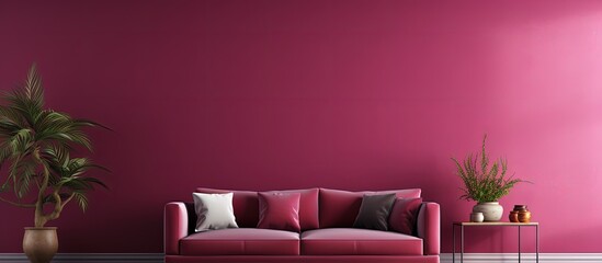 the trend color in luxury living lounges is Viva magenta The art wall mockup is painted in a crimson red burgundy shade while the interior design of the modern room is blank The accent color
