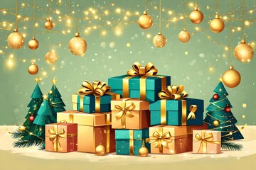 Vector illustration for Merry Christmas and Happy New Year . Greeting card for New Year`s with standing three packaged gifts in boxes with a gold bows, balls, branches of spruce,