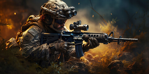 Soldier in tactical gear pointing his rifle at the enemy. Generative AI