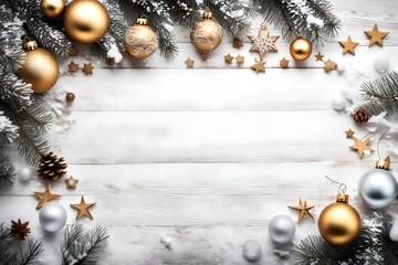 Christmas wooden white background in bright wood style, modern, simple and elegant, with a border of baubles, fir branches, stars, ornamental trees and snow copy space for text