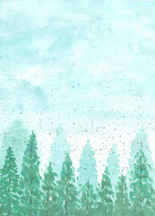 Watercolor painting of winter concept. Heavy snowfall, Natural Christmas tree background. Winter landscape with falling. copy space for the text. Hand painted texture style. vertical