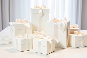 A white gift box is tied with a white ribbon.