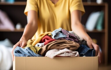 Volunteer hands holding a clothes donation box filled with clothing and household items. Generative AI
