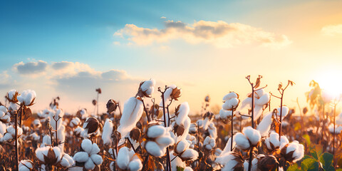 Cotton field at sunrise or sunset background Golden Hour in the Cotton Fields AI Generative   - obrazy, fototapety, plakaty