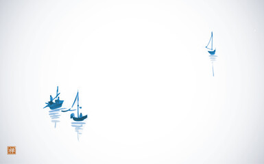 Ink painting of blue fishing boats in minimalist style on white background. Traditional oriental ink painting sumi-e, u-sin, go-hua on white glowing background. Translation of hieroglyph - zen - obrazy, fototapety, plakaty