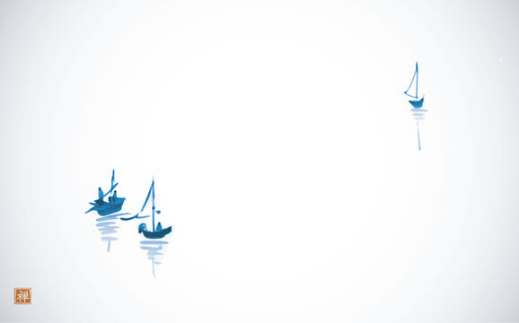 Ink painting of blue fishing boats in minimalist style on white background. Traditional oriental ink painting sumi-e, u-sin, go-hua on white glowing background. Translation of hieroglyph - zen